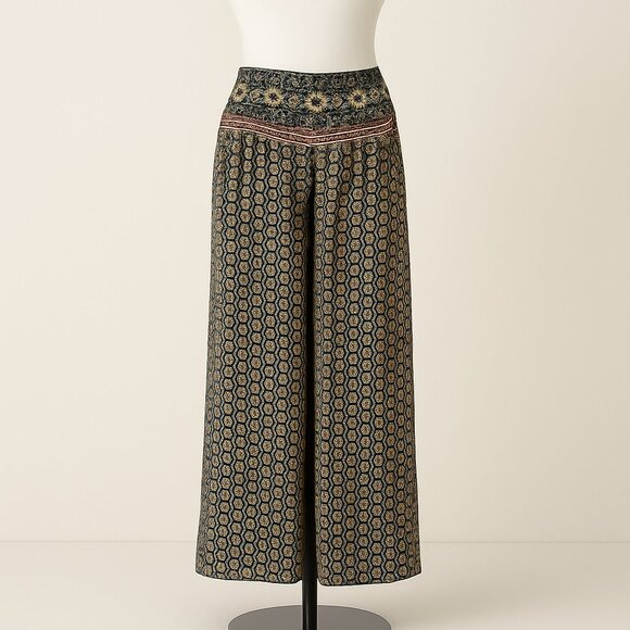 Anthropologie Aria Wide Leg Palazzo Pants Green Medallion Floral Size Small - Picture 1 of 10